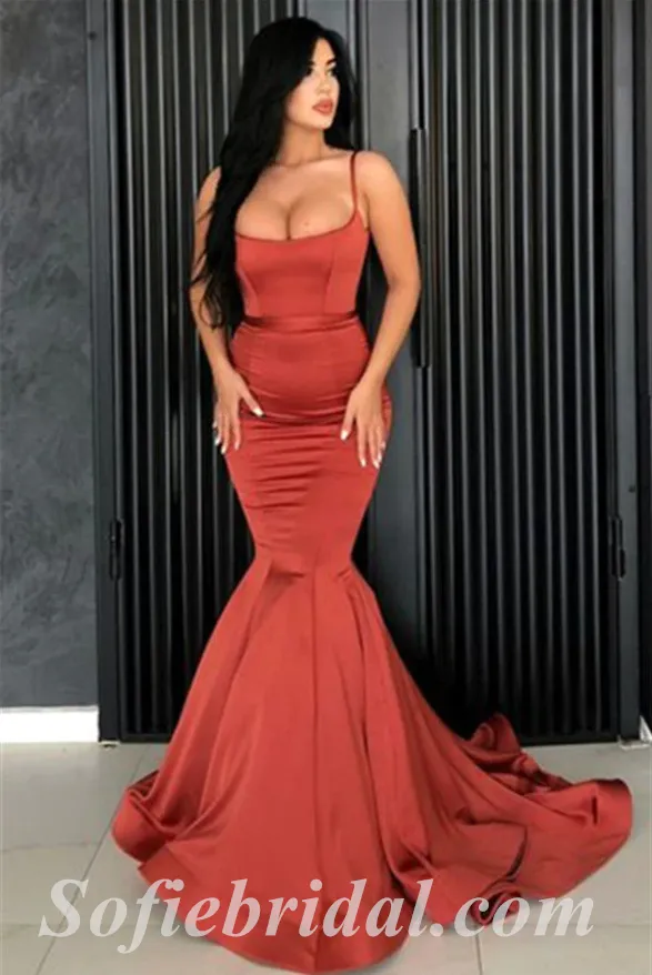 Sexy Rust Satin Spaghetti Straps Sleeveless Mermaid Long Prom Dresses,SFPD0503