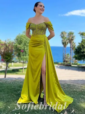 Sexy Satin Off Shoulder Sleeveless Side Slit Mermaid Long Prom Dresses With Trailing,SFPD0616