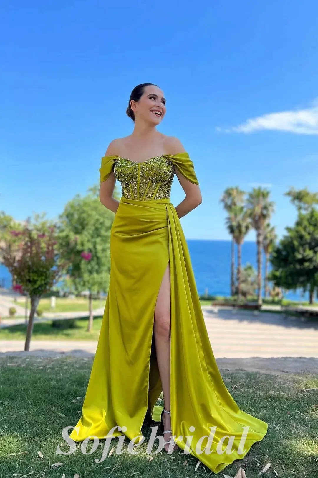 Sexy Satin Off Shoulder Sleeveless Side Slit Mermaid Long Prom Dresses With Trailing,SFPD0616