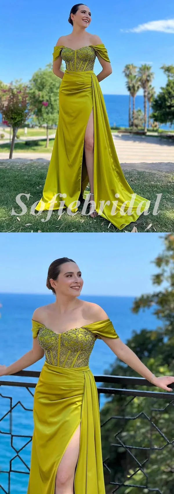 Sexy Satin Off Shoulder Sleeveless Side Slit Mermaid Long Prom Dresses With Trailing,SFPD0616