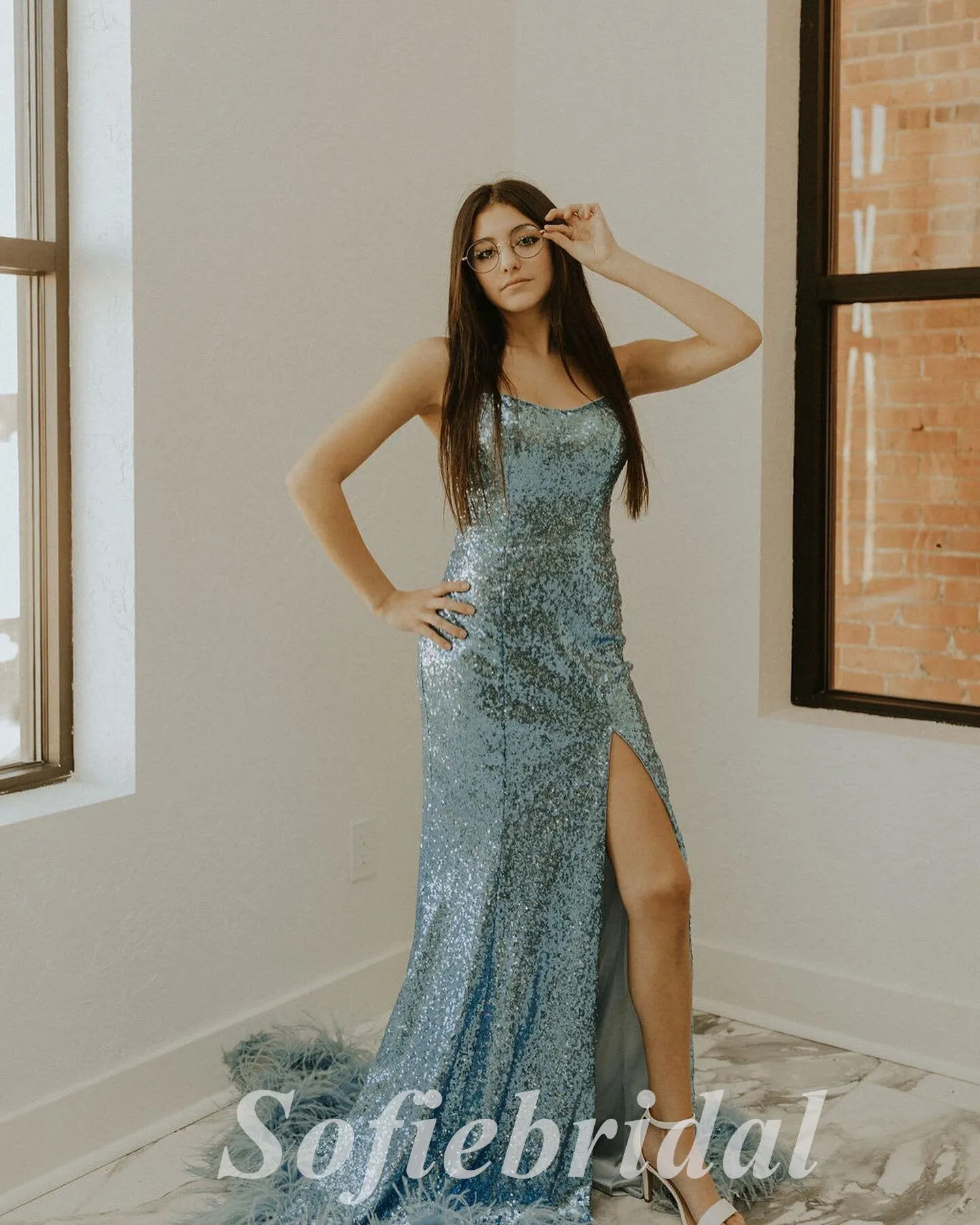 Sexy Sequin Spaghetti Straps Sleeveless Side Slit Mermaid Long Prom Dresses With Feather,SFPD0687