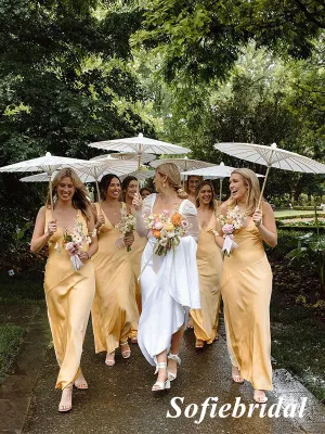 Sexy Soft Stin Spaghetti Straps V-Neck Sleeveless Mermaid Ankel Length Bridesmaid Dresses, SFWG00527