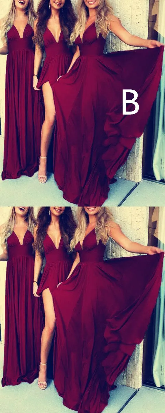 Sexy Spaghetti Straps Deep V-neck High Split Long Popular Bridesmaid Dresses, BD0468
