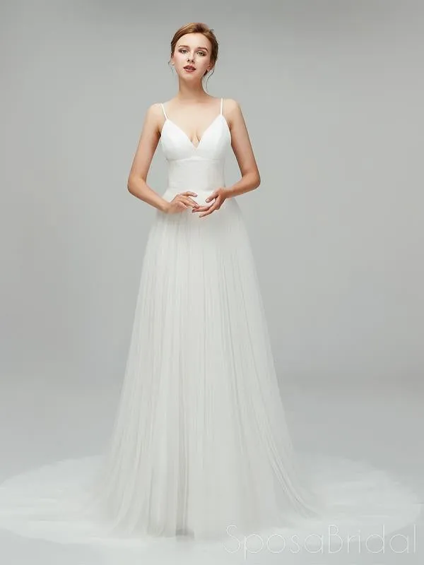Sexy V-neck Backless Tulle A-line Simple Long Beach Wedding Dress, WD0120