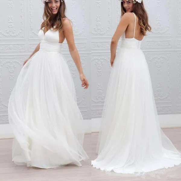 Sexy V-neck Backless Tulle A-line Simple Long Beach Wedding Dress, WD0120