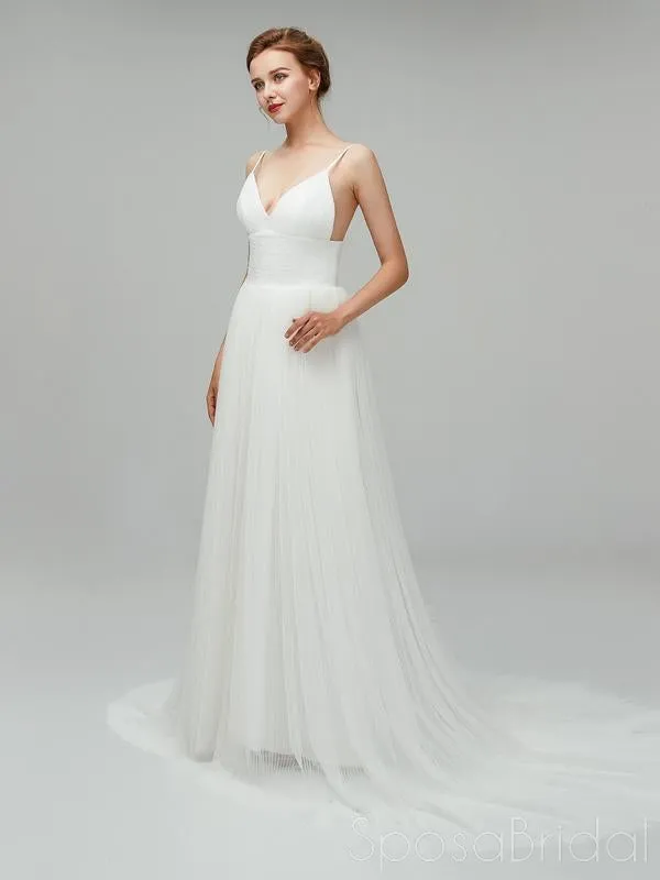 Sexy V-neck Backless Tulle A-line Simple Long Beach Wedding Dress, WD0120