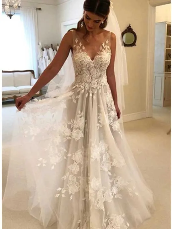 Sexy V-neck Tulle Applique BackLess Wedding Dress, WD0492