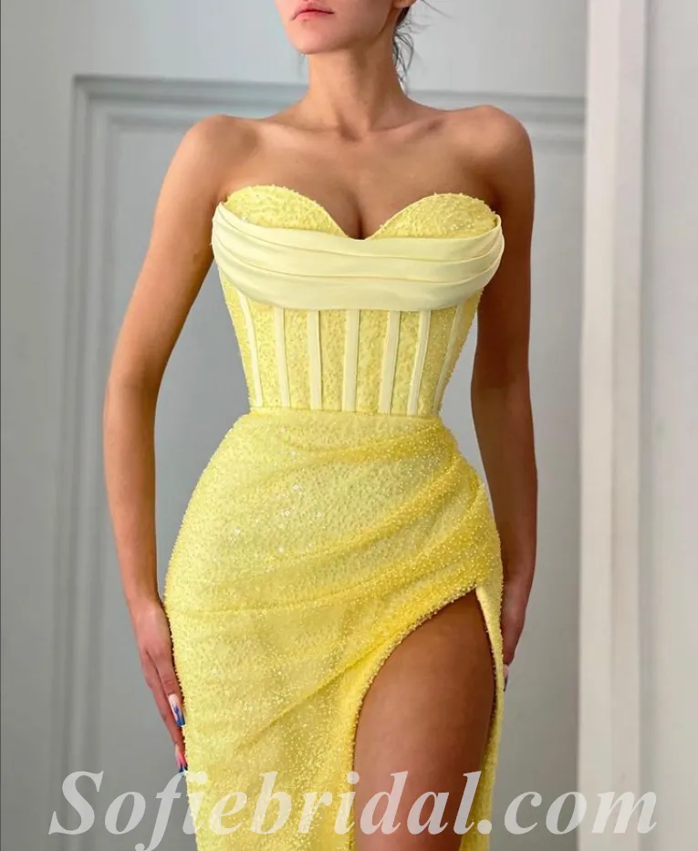 Sexy Yellow Special Tulle Sweetheart Sleeveless Side Slit Mermaid Long Prom Dresses,SFPD0565