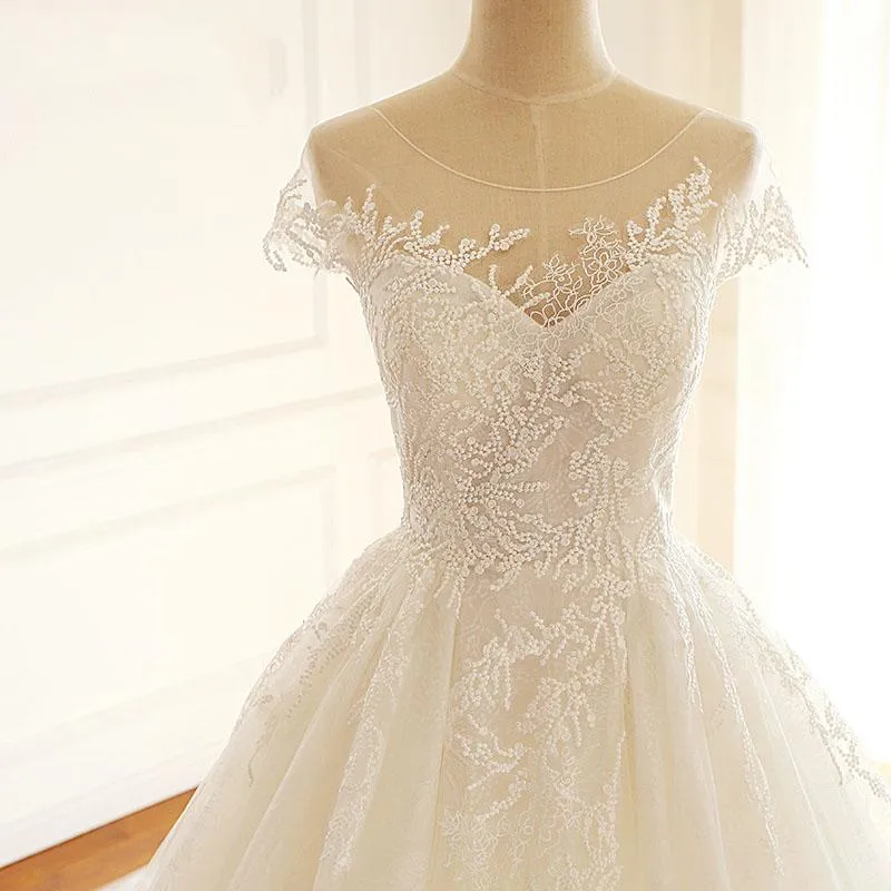 Short Sleeves Scoop High Quality Princess Wedding Dresses, Elegant Most Popular Real Made Bridal Gowns with train , WD0284
