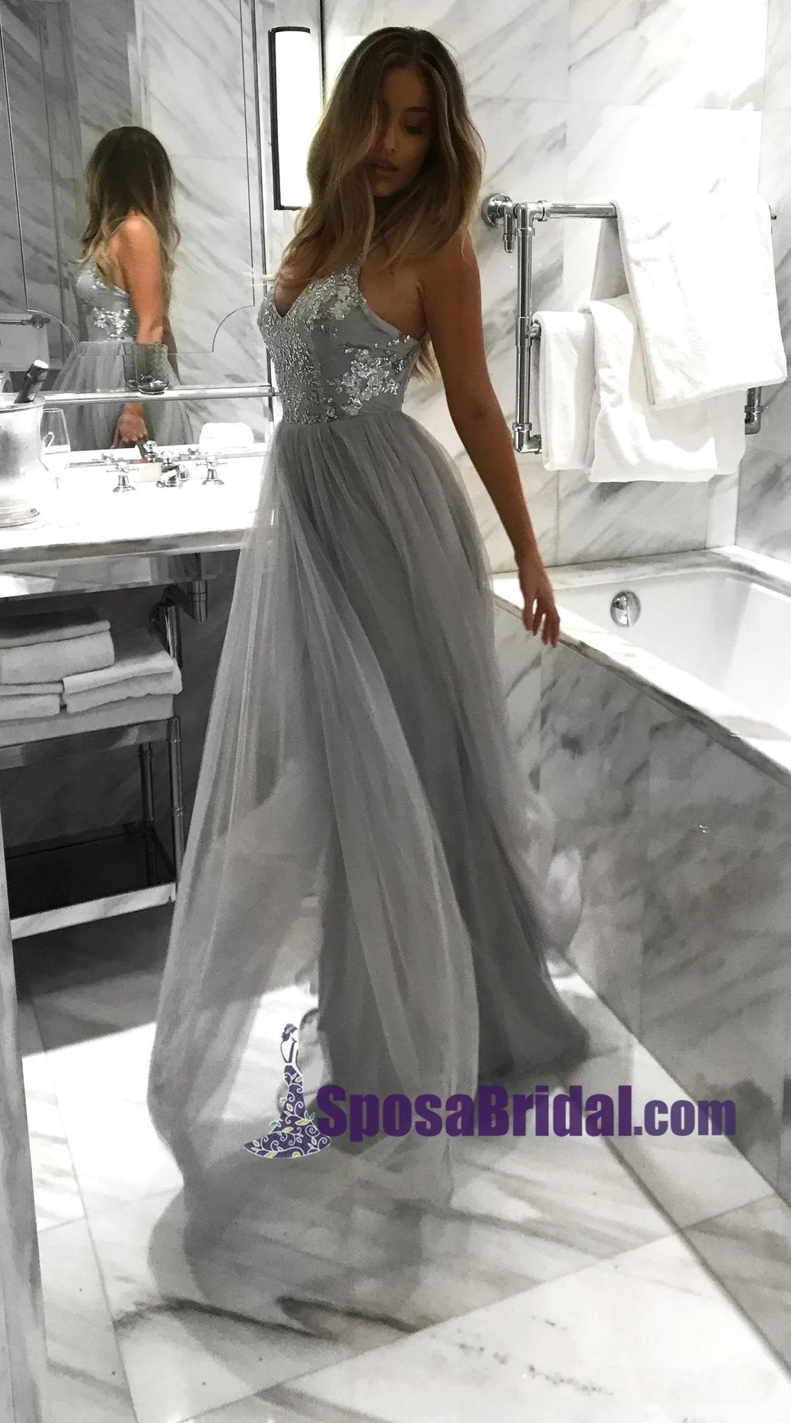 Silver Grey Long Tulle Sequin Straps Sexy Elegant Prom Dresses, Most Popular Prom Dress, hot sale evening dresses, PD0724