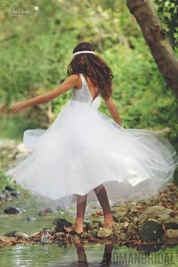 Silver Sequin Top V-back White Tulle A-line Flower Girl Dresses, FG062