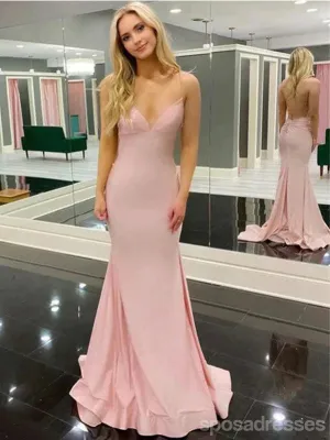 Simple Popular Pink Spaghetti Straps V-neck Long Party Prom Dresses,Evening Dress,13388
