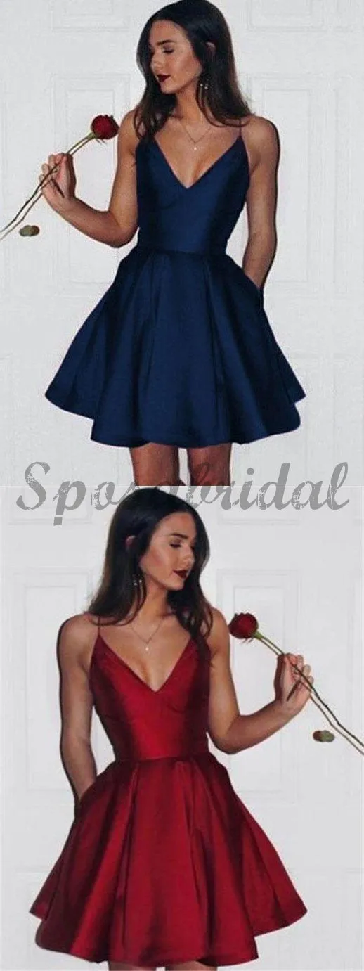 Simple Spaghetti Red Satin Short Prom Dresses, Homecoming Dresses, V-neck Prom Dresses, BD0400