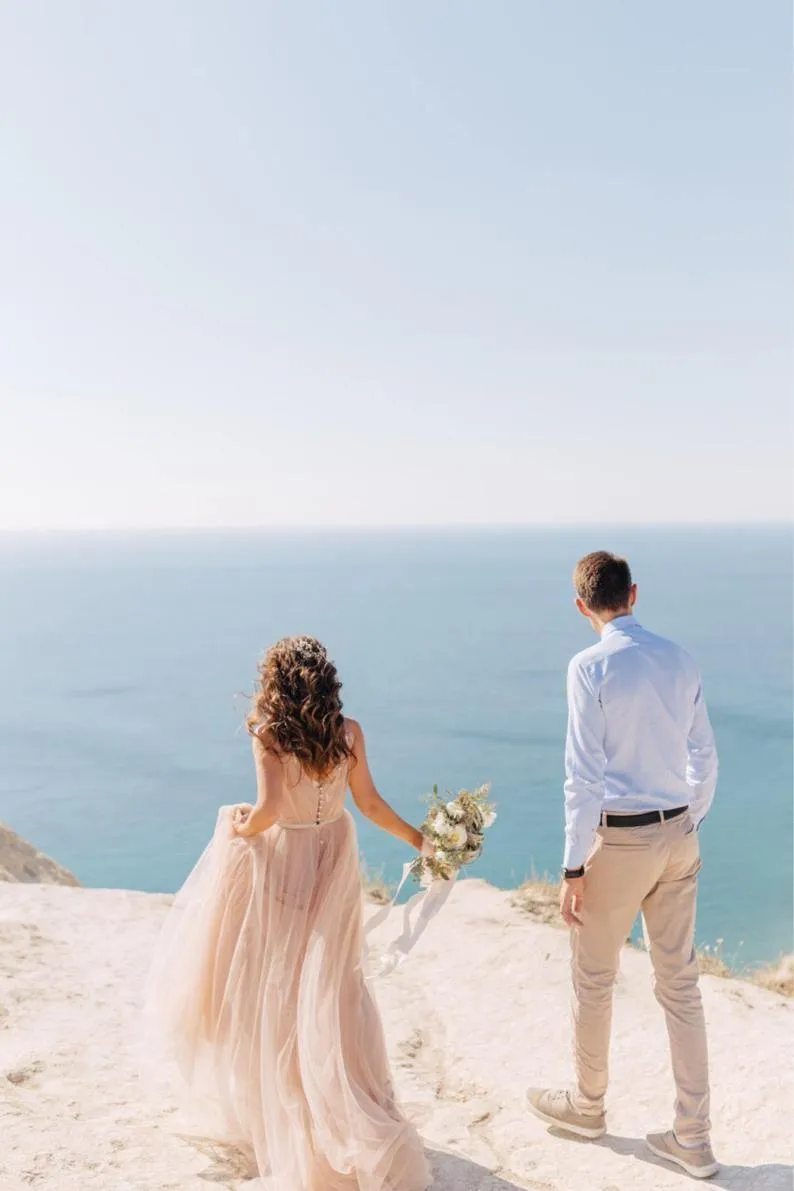Simple V-neck Tulle Open Back Bridal Gown Beach Wedding Dresses TN215