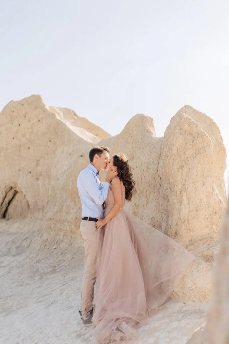 Simple V-neck Tulle Open Back Bridal Gown Beach Wedding Dresses TN215