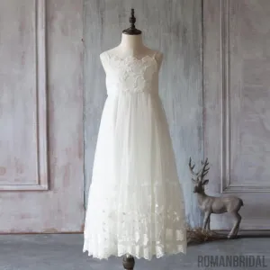 Spaghetti Ivory Lace Tulle Flower Girl Dresses, FG049