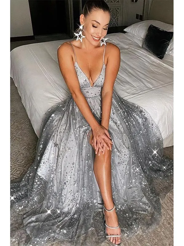 Spaghetti Straps Long Silver Tulle Prom Evening Dress With Split, OL619