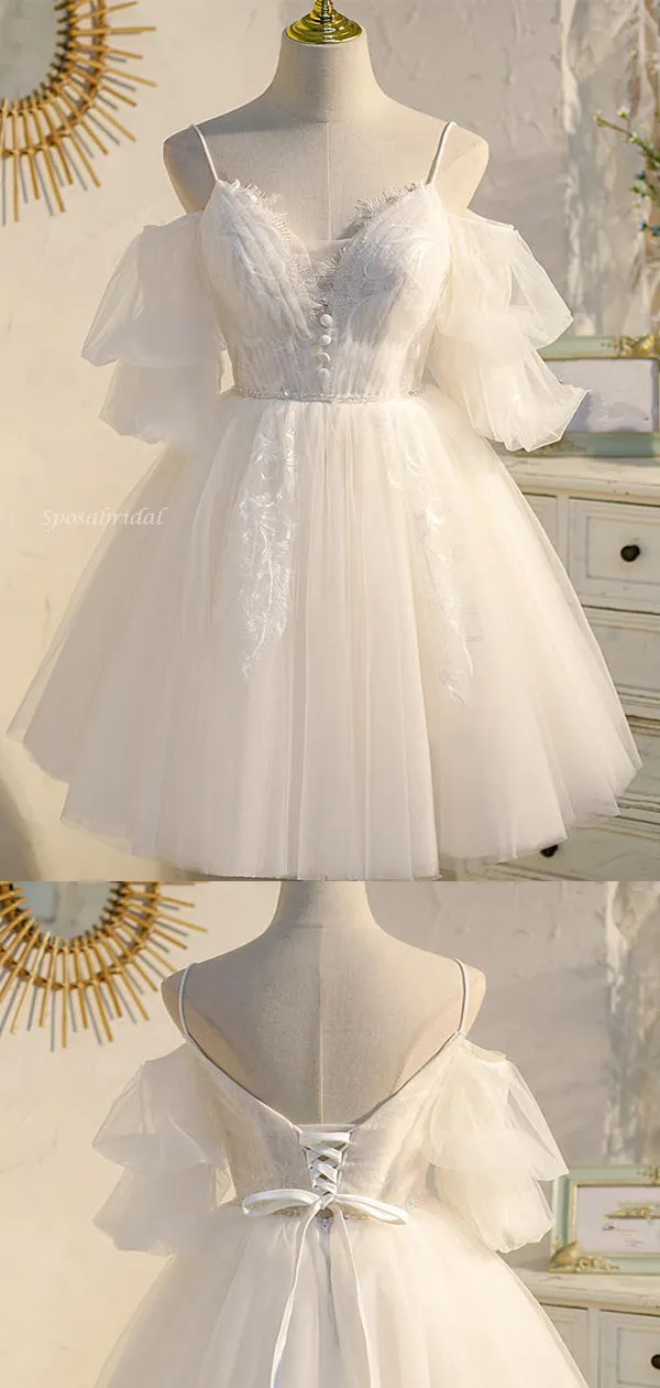 Spaghetti Straps Ruffle Sleeves Lace A-line Short Mini Wedding Dress, WD3016