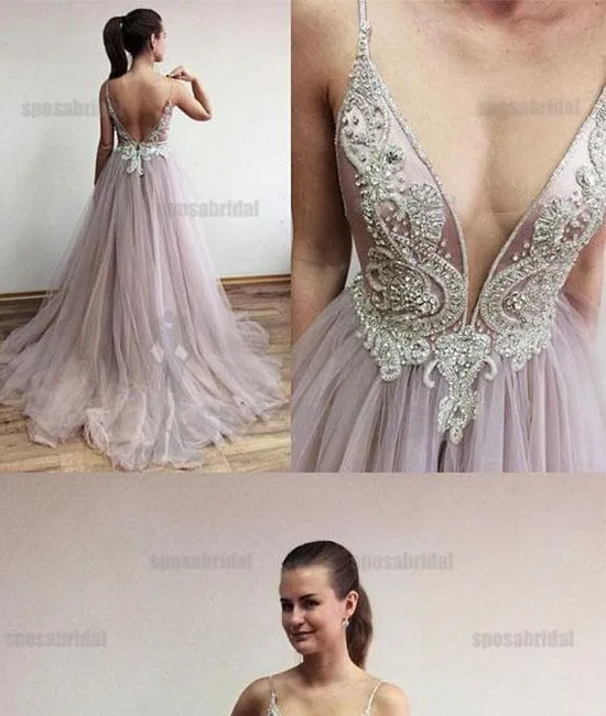 Spaghetti Straps Tulle Side Slit Fashion Popular Modest High Quality Prom Dresses, Evening dresses,  PD0589