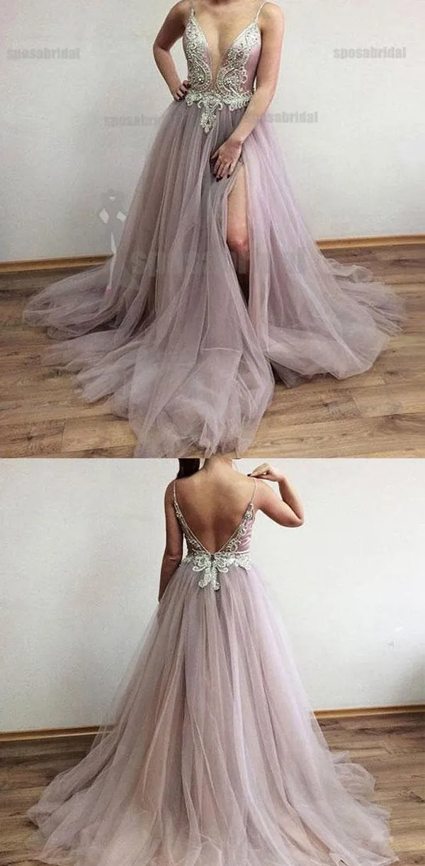 Spaghetti Straps Tulle Side Slit Fashion Popular Modest High Quality Prom Dresses, Evening dresses,  PD0589