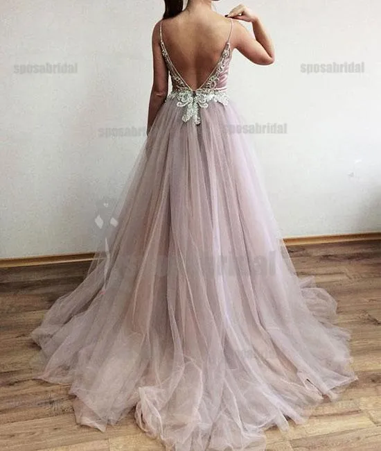 Spaghetti Straps Tulle Side Slit Fashion Popular Modest High Quality Prom Dresses, Evening dresses,  PD0589
