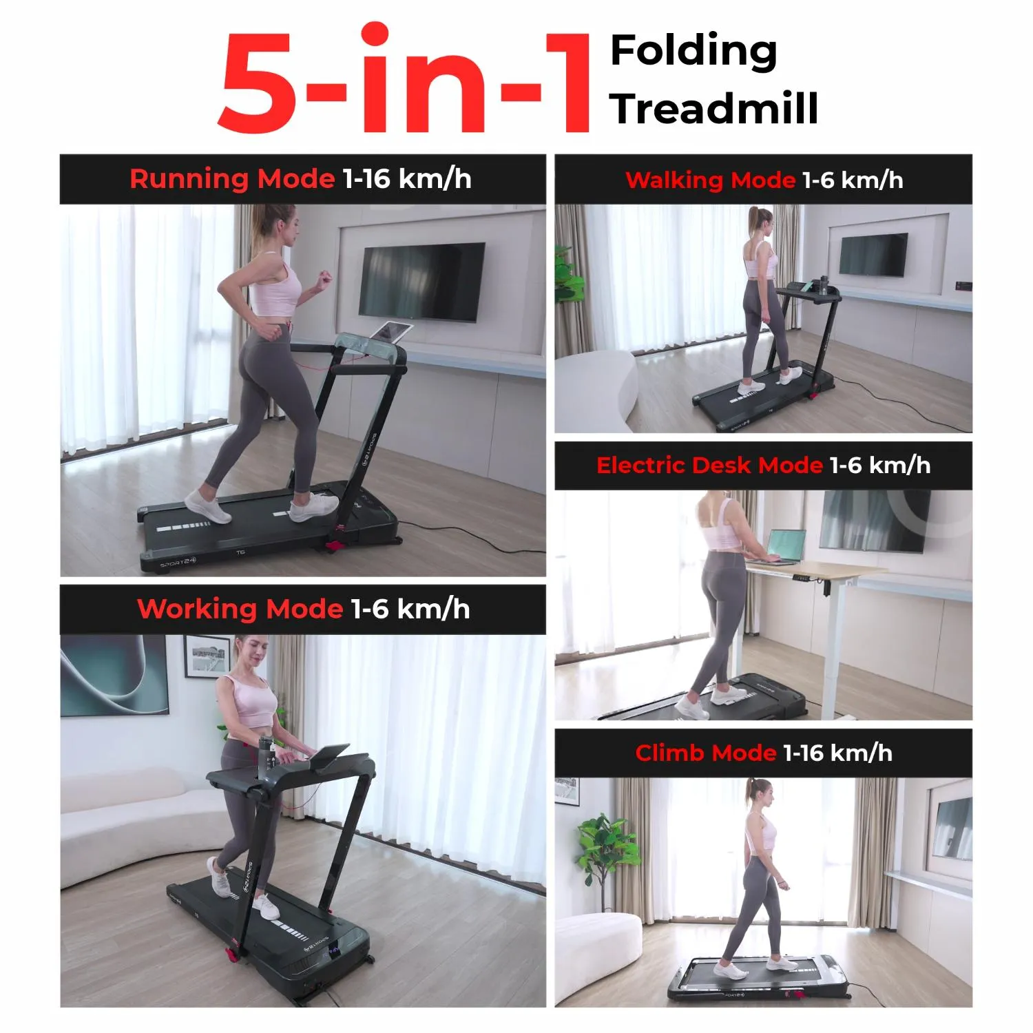 Sport24 1-16 km/h 5 in 1 Folding Treadmill Walking Pad Running Machine with Auto-Incline, Advanced LED Display, Bluetooth, Handlebars, Speakers, Adjustable Work Tray, Apps, 4.5HP Quiet Motor, Remote Control, 3 Years Brand Warranty