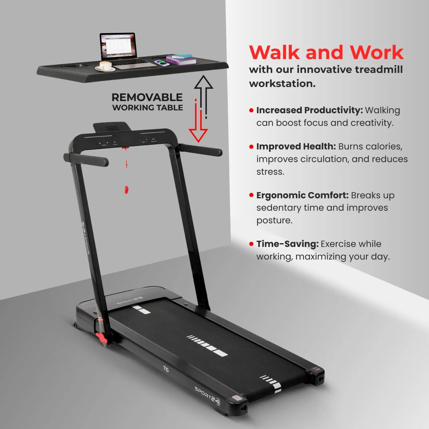 Sport24 1-16 km/h 5 in 1 Folding Treadmill Walking Pad Running Machine with Auto-Incline, Advanced LED Display, Bluetooth, Handlebars, Speakers, Adjustable Work Tray, Apps, 4.5HP Quiet Motor, Remote Control, 3 Years Brand Warranty