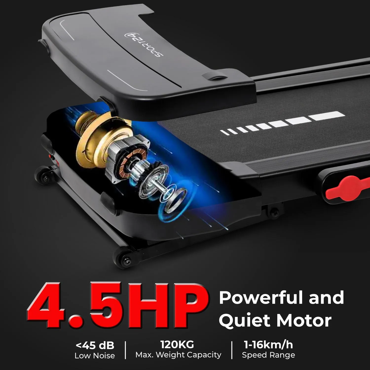 Sport24 1-16 km/h 5 in 1 Folding Treadmill Walking Pad Running Machine with Auto-Incline, Advanced LED Display, Bluetooth, Handlebars, Speakers, Adjustable Work Tray, Apps, 4.5HP Quiet Motor, Remote Control, 3 Years Brand Warranty