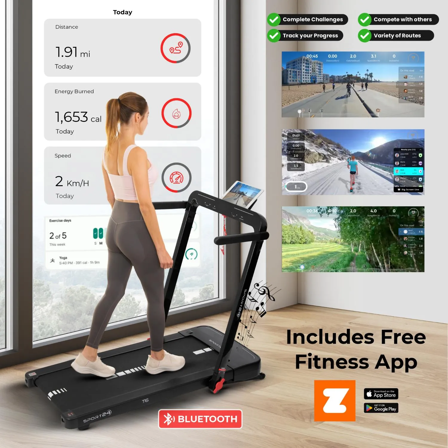 Sport24 1-16 km/h 5 in 1 Folding Treadmill Walking Pad Running Machine with Auto-Incline, Advanced LED Display, Bluetooth, Handlebars, Speakers, Adjustable Work Tray, Apps, 4.5HP Quiet Motor, Remote Control, 3 Years Brand Warranty