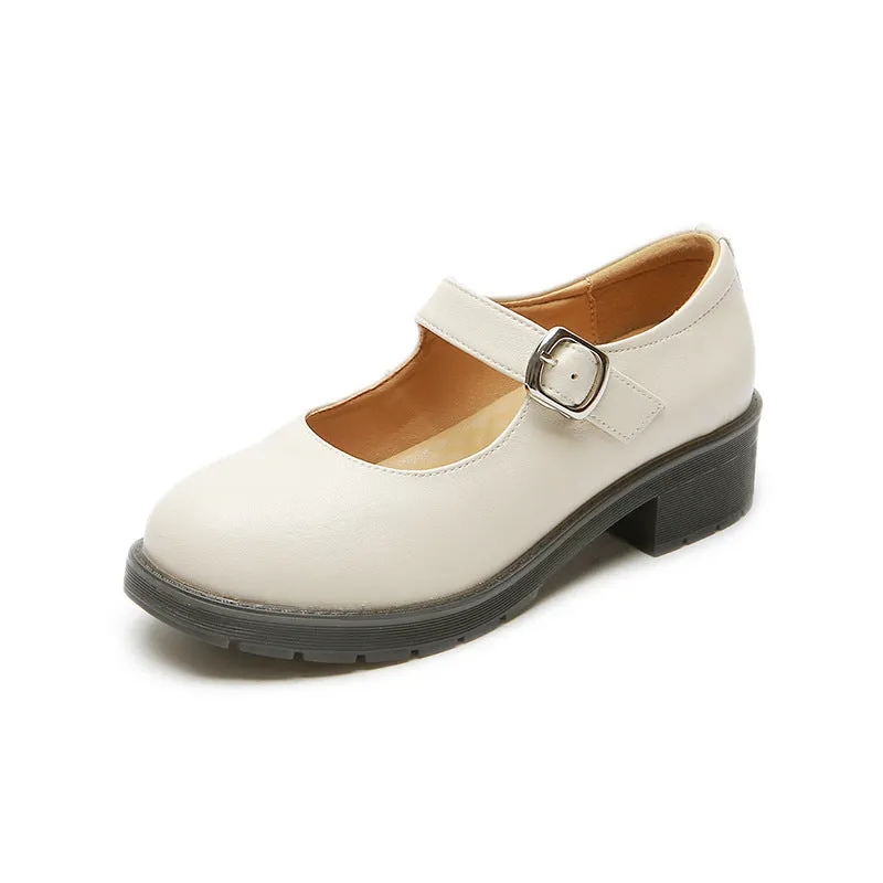 Spring Round Toe Thick Heel Leather Shoes for Women British Preppy Style Women's Shoes