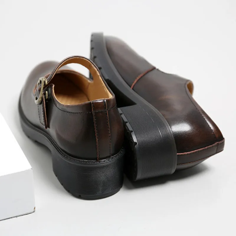 Spring Round Toe Thick Heel Leather Shoes for Women British Preppy Style Women's Shoes