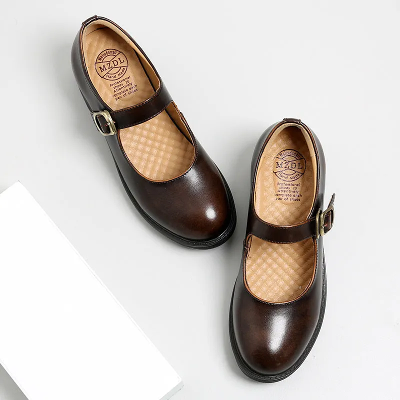 Spring Round Toe Thick Heel Leather Shoes for Women British Preppy Style Women's Shoes