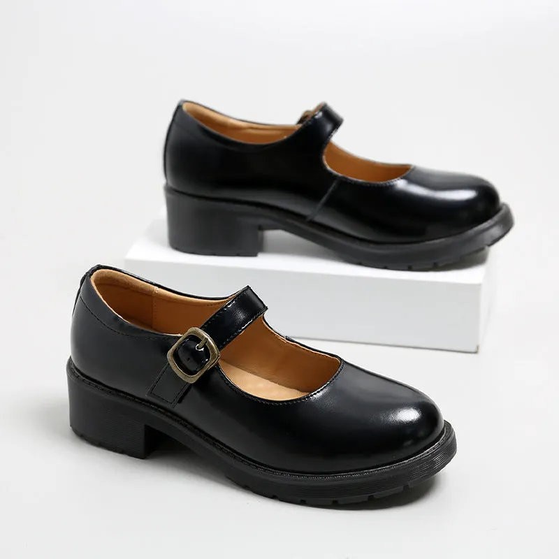 Spring Round Toe Thick Heel Leather Shoes for Women British Preppy Style Women's Shoes