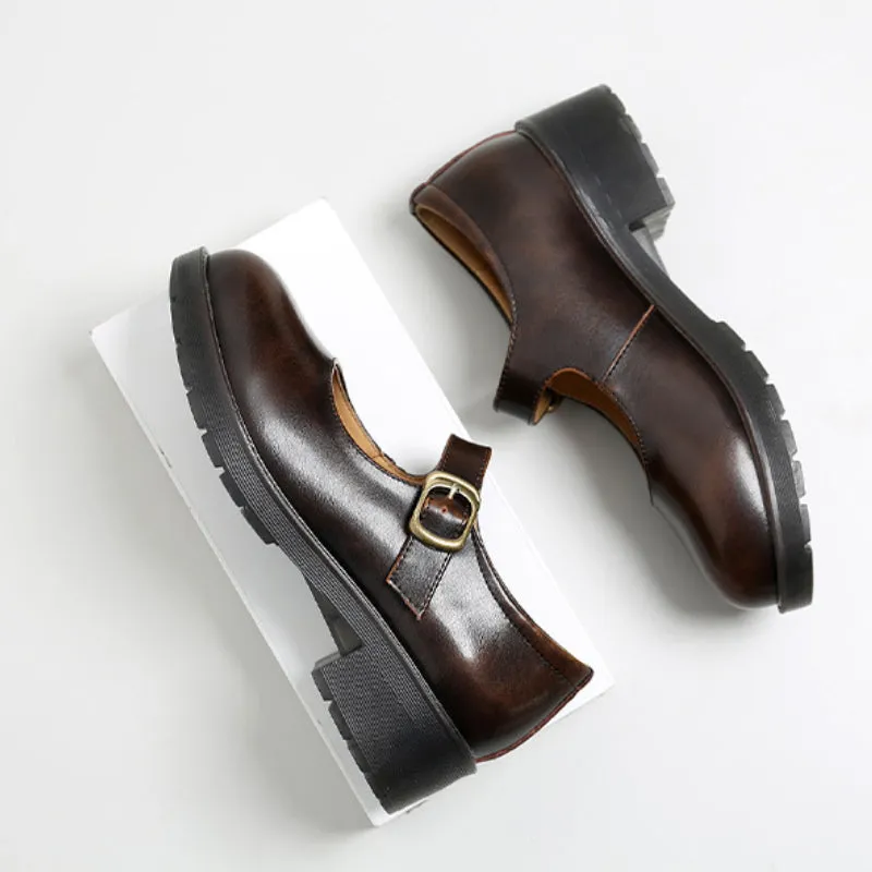 Spring Round Toe Thick Heel Leather Shoes for Women British Preppy Style Women's Shoes