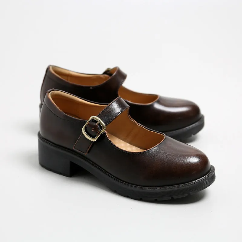 Spring Round Toe Thick Heel Leather Shoes for Women British Preppy Style Women's Shoes