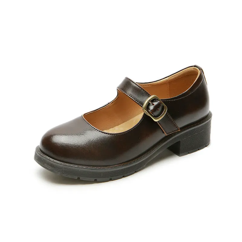 Spring Round Toe Thick Heel Leather Shoes for Women British Preppy Style Women's Shoes