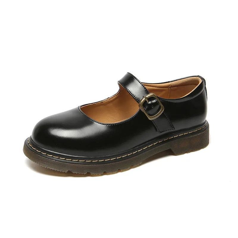 Spring Round Toe Thick Heel Leather Shoes for Women British Preppy Style Women's Shoes