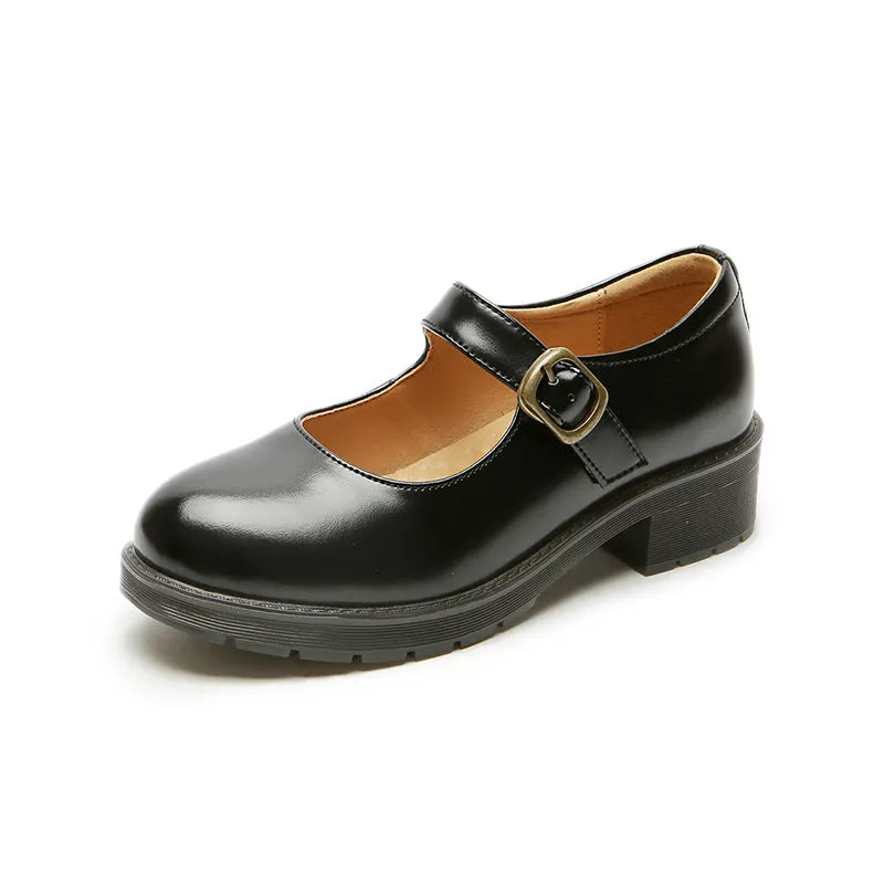 Spring Round Toe Thick Heel Leather Shoes for Women British Preppy Style Women's Shoes