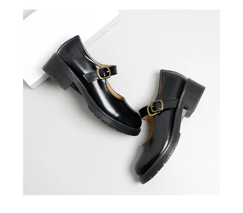 Spring Round Toe Thick Heel Leather Shoes for Women British Preppy Style Women's Shoes