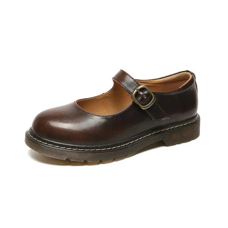 Spring Round Toe Thick Heel Leather Shoes for Women British Preppy Style Women's Shoes
