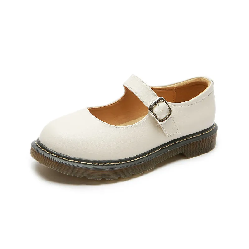 Spring Round Toe Thick Heel Leather Shoes for Women British Preppy Style Women's Shoes