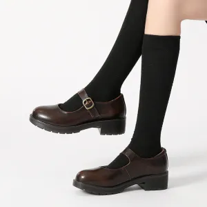 Spring Round Toe Thick Heel Leather Shoes for Women British Preppy Style Women's Shoes