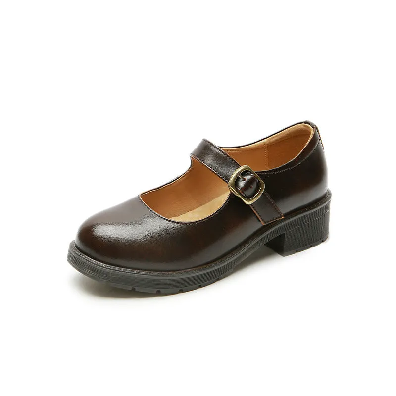Spring Round Toe Thick Heel Leather Shoes for Women British Preppy Style Women's Shoes