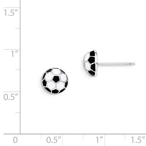 Sterling Silver Black and White Enameled 8mm Soccer Ball Post Earrings