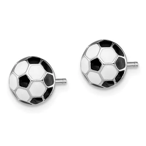 Sterling Silver Black and White Enameled 8mm Soccer Ball Post Earrings