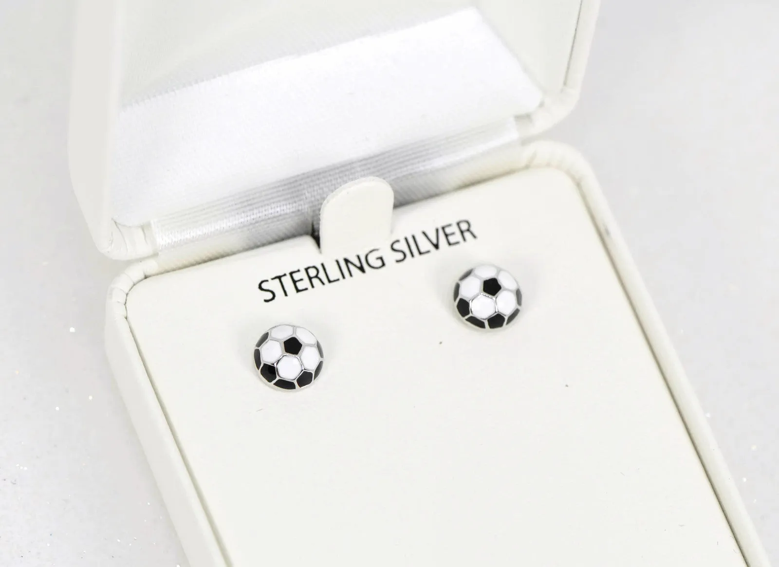 Sterling Silver Black and White Enameled 8mm Soccer Ball Post Earrings