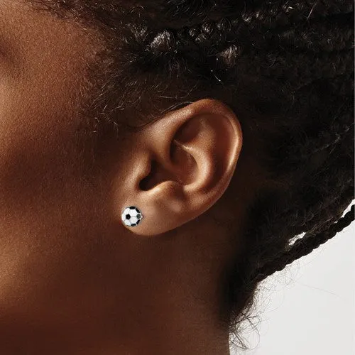 Sterling Silver Black and White Enameled 8mm Soccer Ball Post Earrings