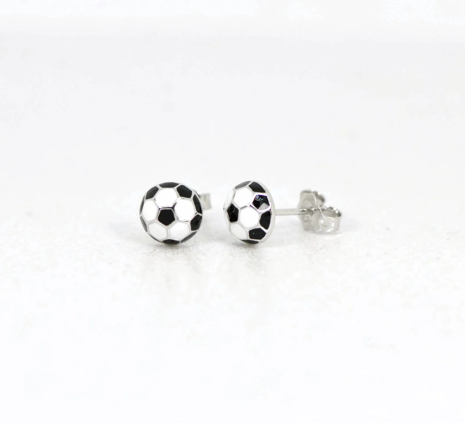 Sterling Silver Black and White Enameled 8mm Soccer Ball Post Earrings
