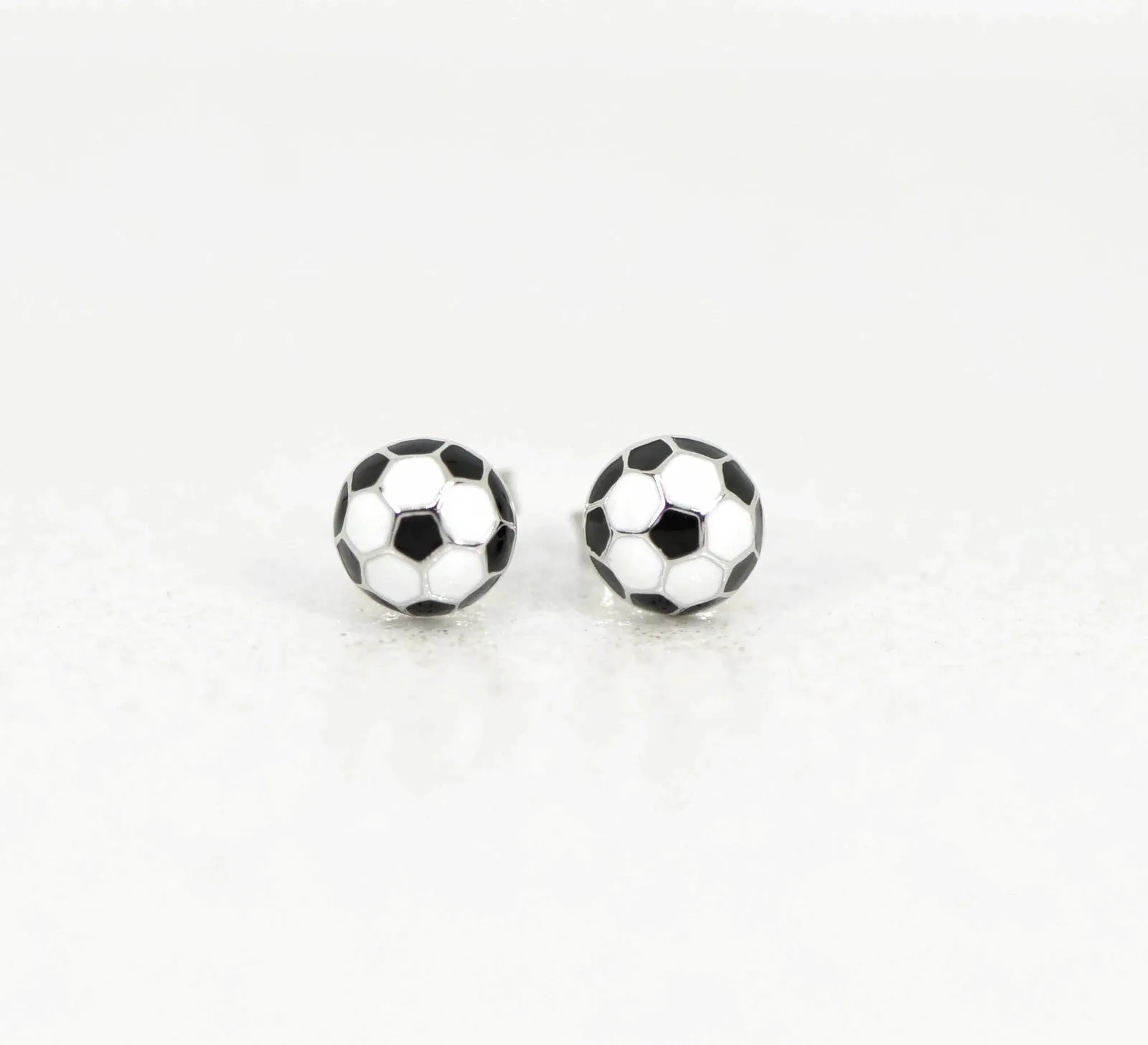 Sterling Silver Black and White Enameled 8mm Soccer Ball Post Earrings