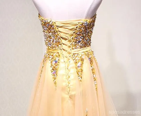 Strapless Sweetheart Gold Tulle Beaded A-line Long Evening Prom Dresses, 17617